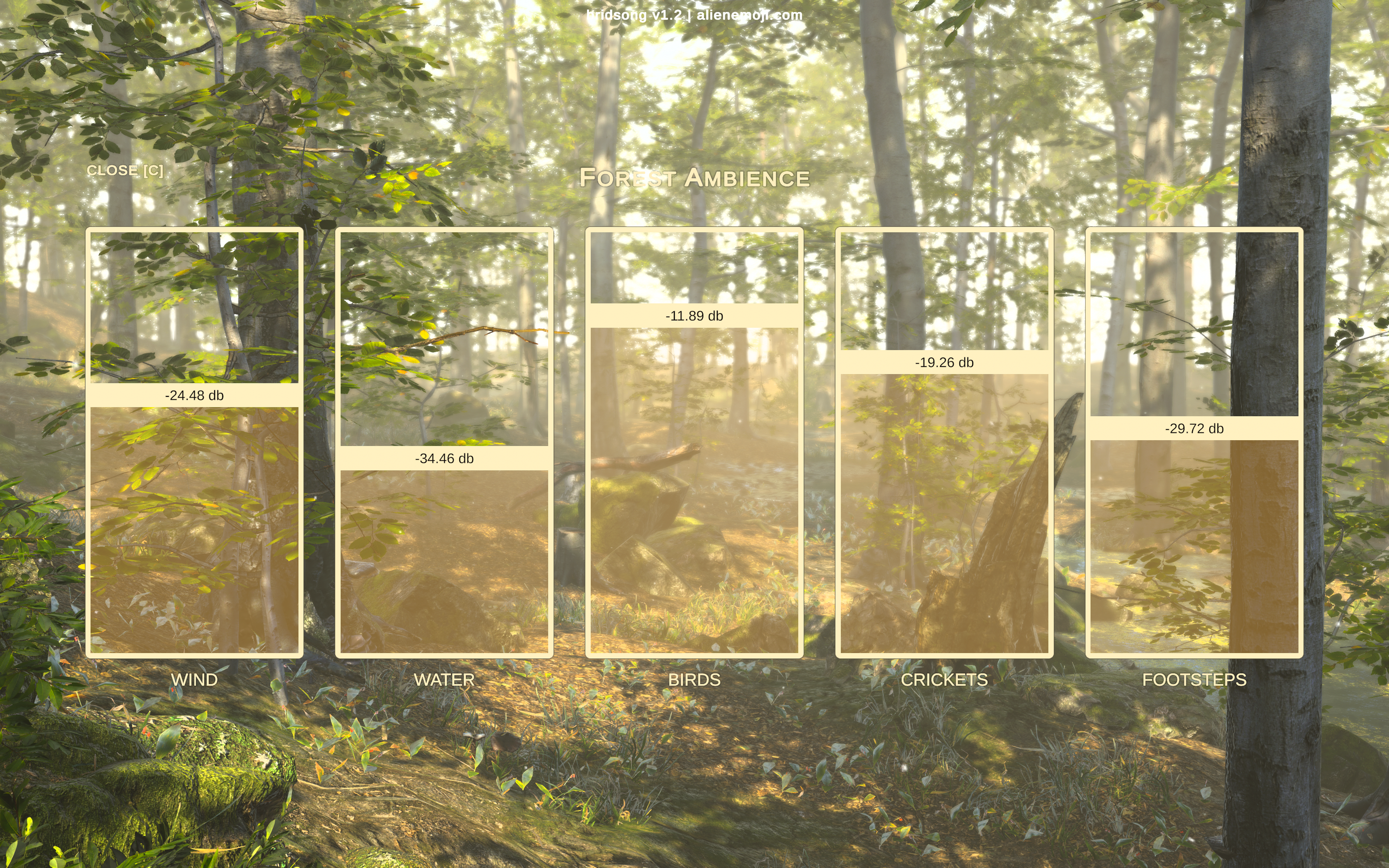 Forest ambience mixer — wind, water, birds, crickets, footsteps